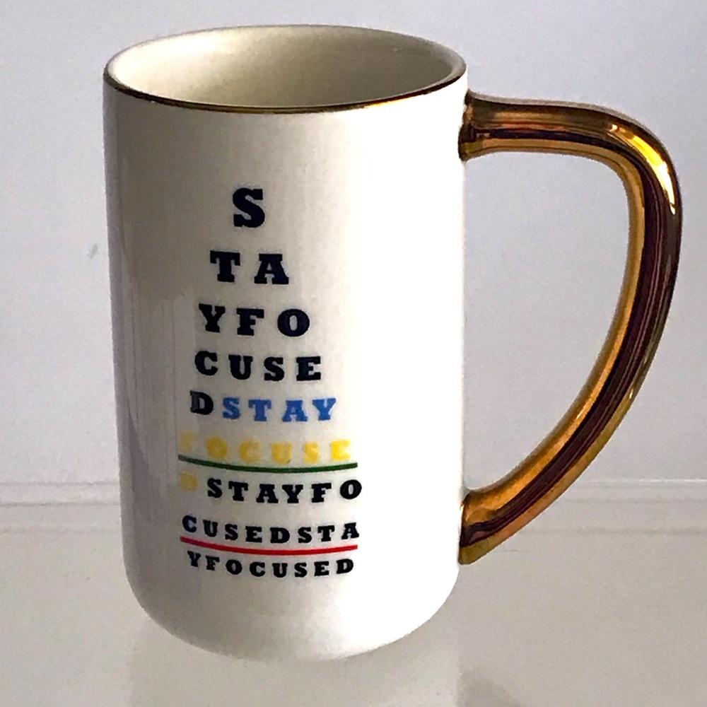 NWOT TABITHA BROWN Stay Focused Eye Chart with Gold Rim & Handle Mug